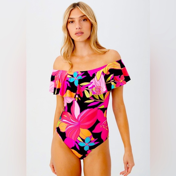 TRINA TURK SWIM Floral Off Shoulder Ruffle One Piece Swim Suit - Picture 1 of 14